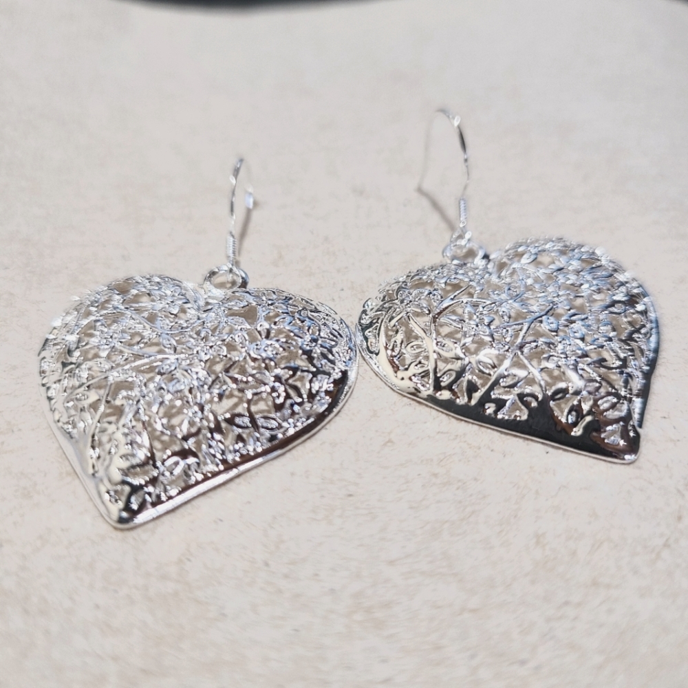 Silver heart flower fish hook earrings